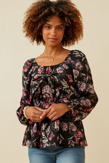 HY6592 BLACK Womens Floral Foliage Print Twist Front Peplum Top Front